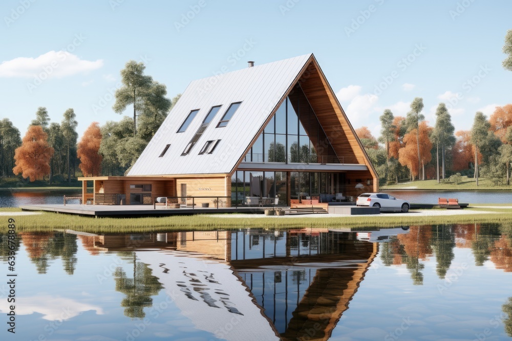 Aufkleber a frame house with a lake in the background. generative ai image.