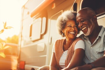 elderly African American couple on vacation with camper. International Day Of Older Persons