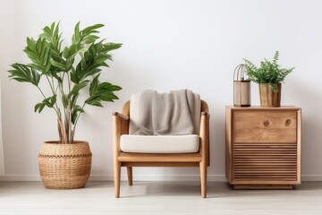 Minimalist home interior with retro armchair, pendant lamp, wooden commode, tropical leaf in vase, wooden cube, carpet, basket and elegant accessories in modern decor.