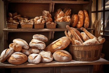 artisan bread loaves arranged in a bakery display