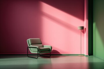 Room interior with green armchair, pink and green wall,  floor lamp and green floor. The concept of minimalism.