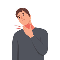 Fototapeta na wymiar Young man touching his neck because having sore throat, dry and scratchy feeling in the throat as symptom of viral infection, cough, allergy, influenza, cold and fever