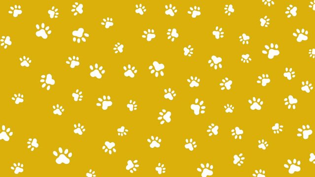 Animated paw prints of a cat or a dog on a yellow animal background. Looped motion graphics.