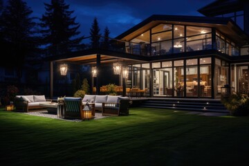 Luxurious home exterior at night, featuring illuminated interior and porch with stylish lawn and furniture.