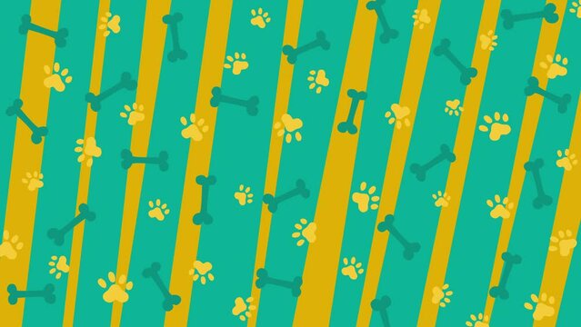 Seamless looped pattern of dog paw prints and bone. Animal hand drawn cartoon animation in yellow and green colors.