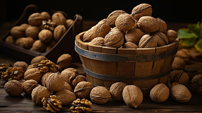 Rustic Delights: A wooden basket filled with a variety of walnuts, from in-shell to shelled, showcasing the diverse textures of this nutritious nut 