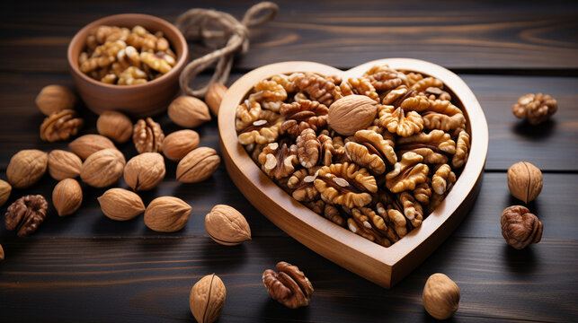 Nutritional Wealth: An artistic composition of walnuts arranged in the shape of a heart, symbolizing their health benefits 