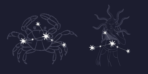 vintage retro engraving style. zodiac sign and astrology. printing on gold foil. modern style of tattoo on clothes. nude style. for printing on fabric and packaging