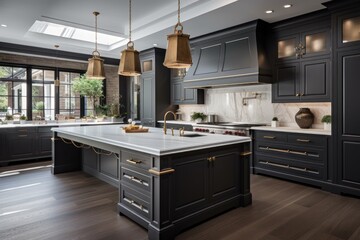 Luxurious kitchen in Elmhurst with dark grey cabinets, bronze dome lights over large white island, and high end appliances.