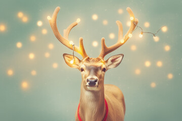 Reindeer with Christmas lights on his antlers. Minimal Christmas background. AI generative, illustration