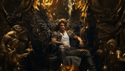 An archangel in antique armor with black wings sits on a throne, an angel is a man in a temple. Created with the help of AI - obrazy, fototapety, plakaty