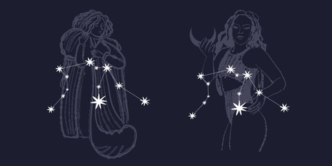 vintage retro engraving style. zodiac sign and astrology. printing on gold foil. modern style of tattoo on clothes. nude style. for printing on fabric and packaging