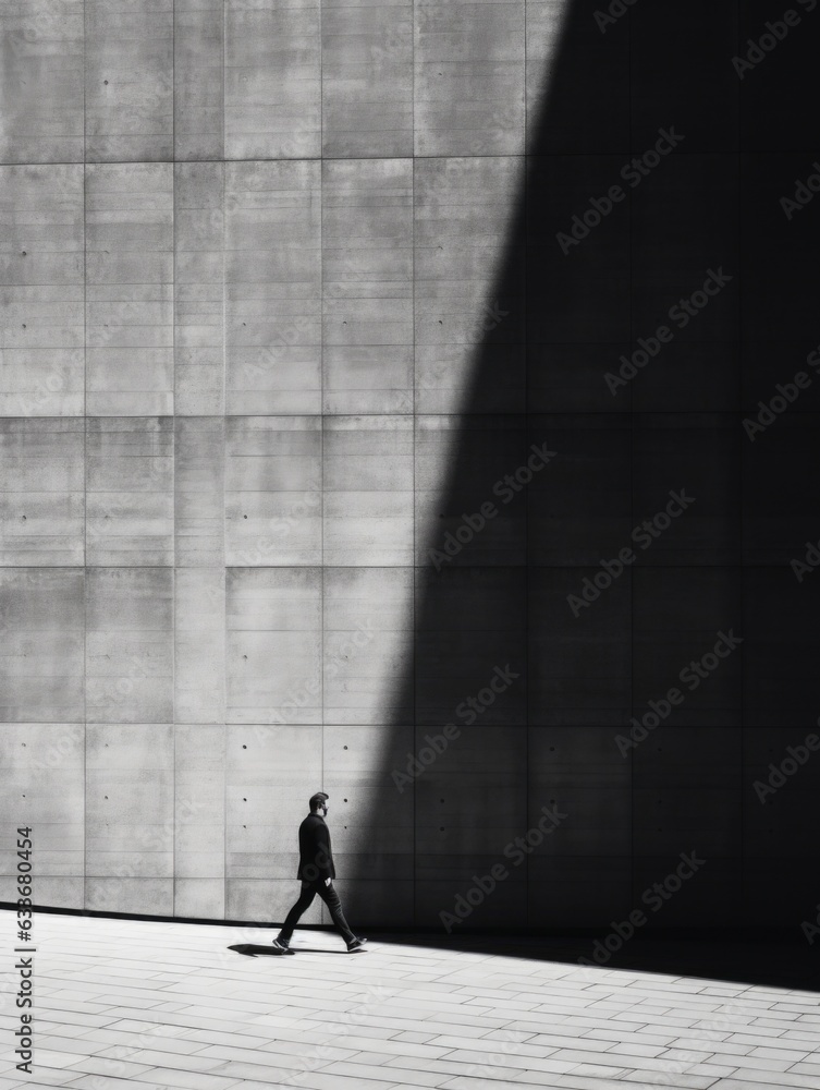 Poster a man walking in front of a wall with a shadow. generative ai image.