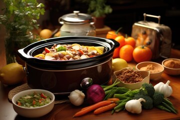 slow cooker cooking a vegetarian meal, variety of veggies