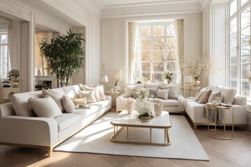 Naklejka premium Luxurious cozy living room with chic soft beige furniture, gold metallic elements, large floor to ceiling window, and wooden parquet.