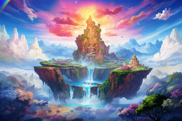 Fantasy island floating in the blue sky. City in the clouds. Temple on top of mountain. Beautiful Waterfalls in the mountains. Tropical rainforest. Big tree. Castle in the sky. Fairy kingdom. Vector