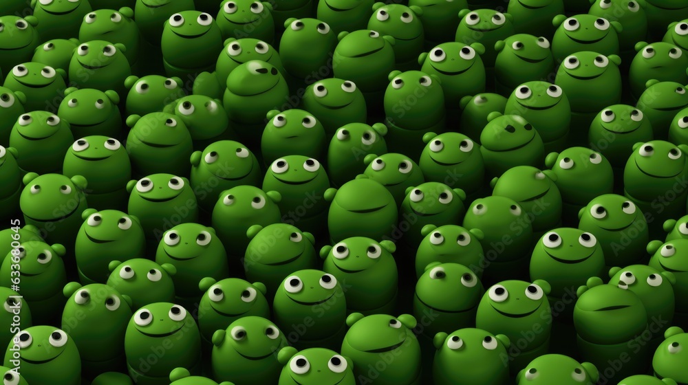 Poster many green cartoon characters are standing in a crowd. generative ai image.