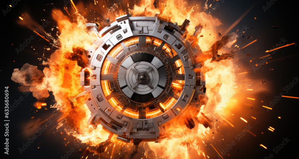 Poster a futuristic clock with fire and smoke coming out of it. generative ai image.