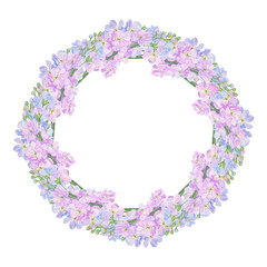 Watercolor botanical colourful frame of preety garden flowers: blue and lilac gillyflower and pink lathyrus. Good for wedding print products, paper, invitations, greetings, fabric, posters