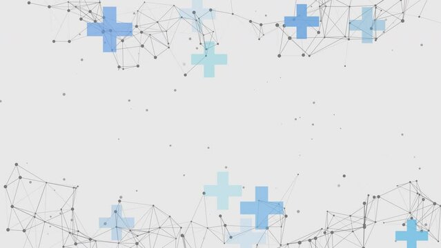 White abstract medical background with pluses, crosses and plexus lines. Looped healthcare animation. Scientific concept. Copy space.