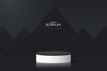 3D vector background white black cylinder podium pedestal realistic with triangle backdrop. Minimal wall scene for mockup. geometric form design. Stage for product display presentation or promotion