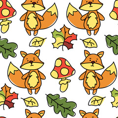 Pattern with cartoon orange fox, autumn leaves and fly agarics in autumn style. Vector image of seamless pattern, endless pattern for children's goods on a white background