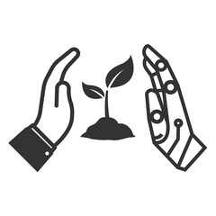 Vector illustration of robots and humans take care of the plants icon in dark color and transparent background(png).