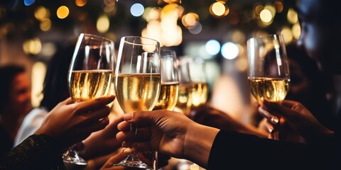 Christmas party time. Young people drink glasses of champagne. - obrazy, fototapety, plakaty