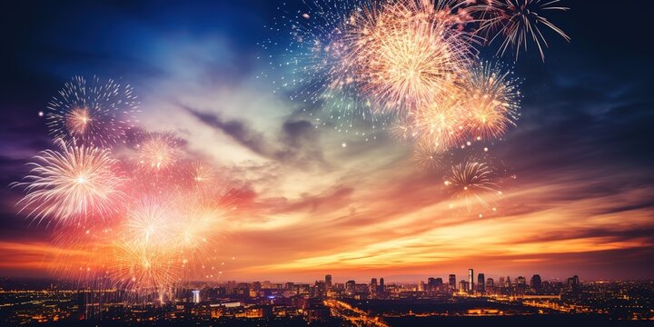 Gold and silver fireworks on New Year's Eve in the nighttime sky.