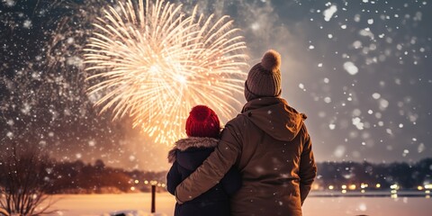 Fototapeta na wymiar Happy family watching fireworks on a snowy winter walk in nature.