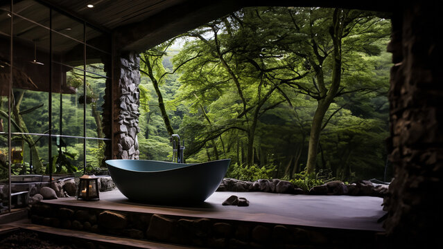 Freistehende Luxus Badewanne am gro&szlig;en Fenster mit Waldblick, ai generativ