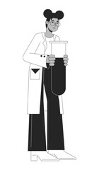 Scientist holding test tube flat line black white vector character. Chemical experiment. Editable outline full body person. Simple cartoon isolated spot illustration for web graphic design