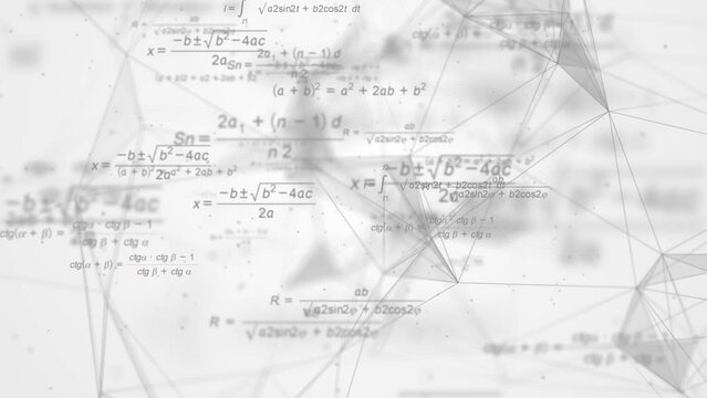 Scientific mathematical abstract white background with formulas and numbers. A plexus of rotating lines. Looped animation.