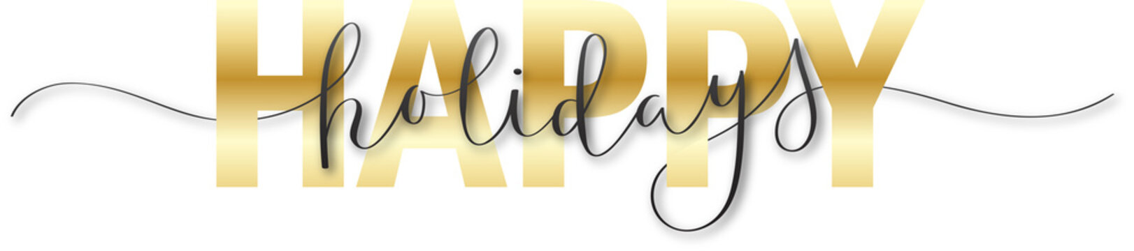 HAPPY HOLIDAYS metallic gold and black brush calligraphy banner on transparent background