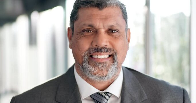 Mature, businessman and smile on face in office, building or accountant with confidence and pride or manager on audit. Happy, portrait and entrepreneur, ceo or professional corporate accounting