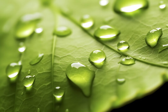 Morning Dew drops of rain water on Green Leaf Macro, Natural Background, AI Generated