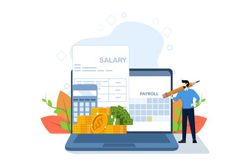 payroll system concept, online income calculation and automatic payment, administrative accounting office or calendar payment dates, businessman standing with online payroll computer.