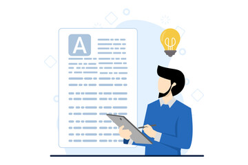 Concept of copywriting, journalism, writing, copyright idea. Successful people with pencil writing or text editing. Vector illustration in flat design on white background.