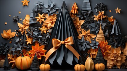 Scenery holiday Halloween background. Photo zone Halloween from origami. Halloween interior decoration. Halloween wallpaper. Generative AI.