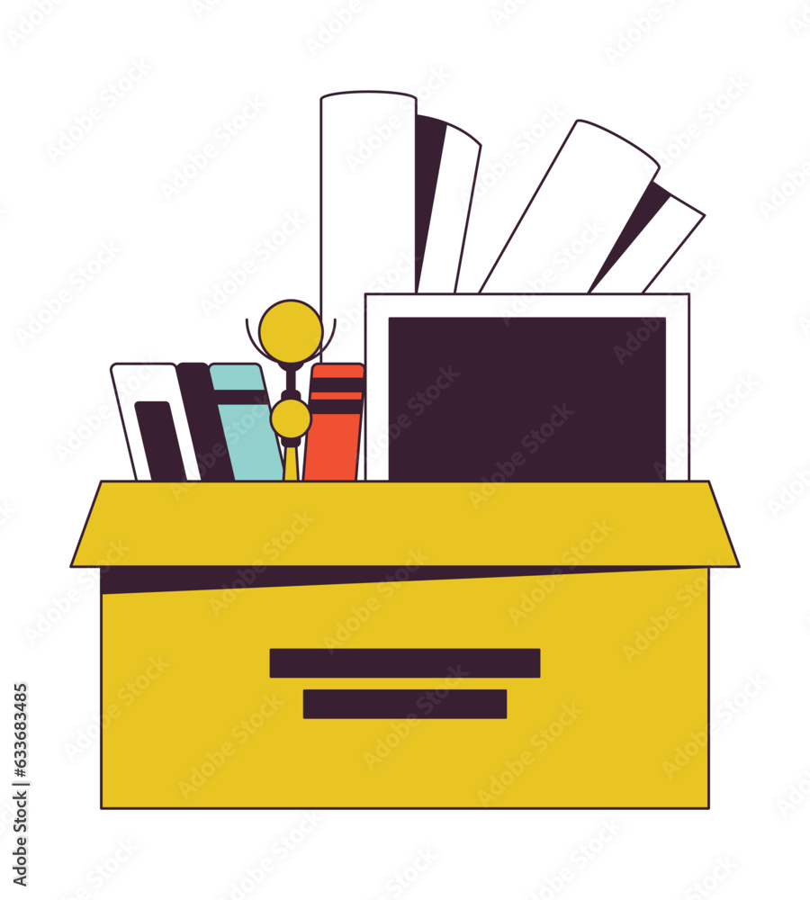 Poster square cardboard box with personal belongings flat line color isolated vector object. moving stuff. 