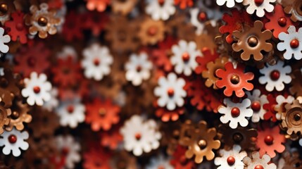 Seamless texture - Rusty red and white metal flowers made from discarded industrial waste of cogs and gears, mild steel cutout petals, steampunk metalcraft abstract - generative AI  