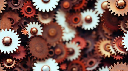 Seamless texture - Rusty red and white metal flowers made from discarded industrial waste of cogs and gears, mild steel cutout petals, steampunk metalcraft abstract - generative AI  