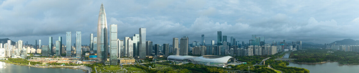Obraz premium Shenzhen ,China - June 02 2022: Aerial view of construction site and landscape in Shenzhen city, China