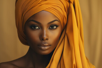 Magazine fashion beauty portrait sensual beautiful african american woman model wearing yellow traditional headscarf on head looking at camera