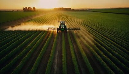 Tractor spraying pesticides on a green plantation at sunset, aerial view, drone view. - obrazy, fototapety, plakaty
