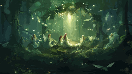 A gathering of mythical beings in a hidden forest glade, medium digital art, style whimsical and enchanting, lighting dappled sunlight through leaves, colors vibrant greens and soft fairy lights, comp