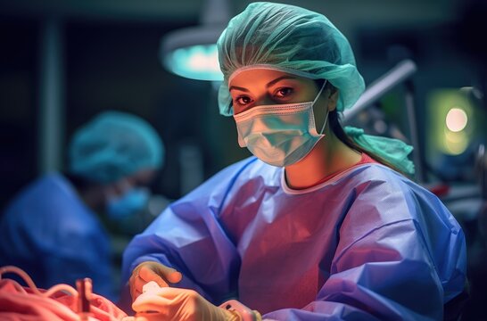 Female surgeon in protective mask preparing to operation.