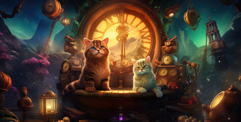 Kittens that become a time machine, imaginative journeys, historical eras and futuristic worlds - obrazy, fototapety, plakaty