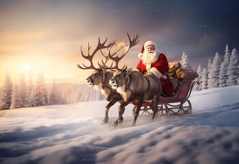 Weihnachtsmann auf Rentierschlitten in winterlicher Landschaft erstellt mit generativer KI - obrazy, fototapety, plakaty