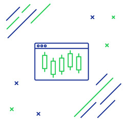 Line Browser with stocks market growth graphs and money icon isolated on white background. Monitor with stock charts arrow on screen. Colorful outline concept. Vector